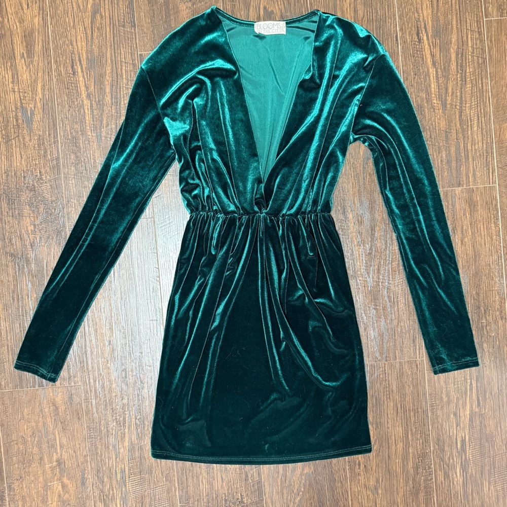 BLOOMS IN THE CITY VELOUR VELVET LOW V NECK DRESS EMERALD GREEN DRESS